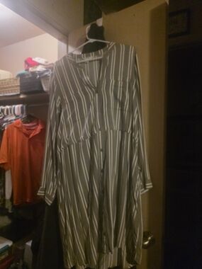 Time and Tru Olive and White Striped Maxi Shirt Dress